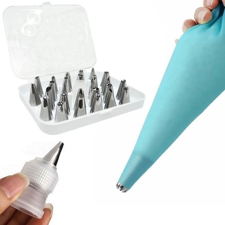 Díszítőeszköz készlet süteményekhez, Brunbeste, 26 darab, rozsdamentes acél, adapter, TPU habzsák 30cm