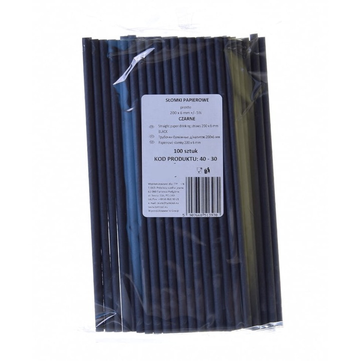 Хартиени сламки, черни, Tamipol, комплект от 100 бр., 20x0,6 см