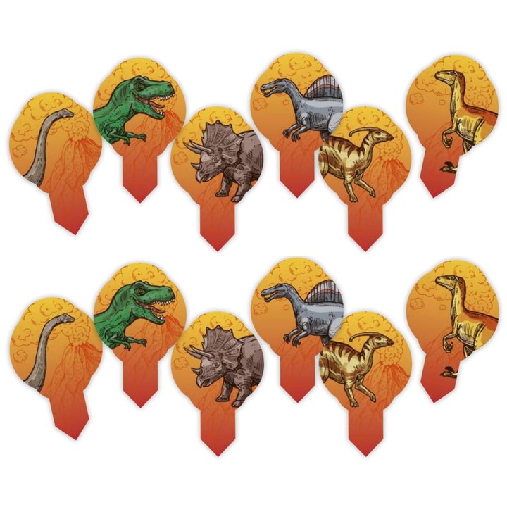 Decoratiuni pentru briose, Modecor, model cu dinozauri, set 12 bucati, 3,5x5,5cm