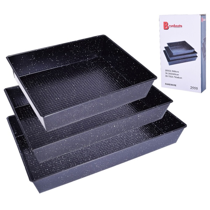 Set 3 tavi de copt Brunbeste, 28x22x6cm, 36x24x6cm, 37x23x6cm, neagra, din otel carbon