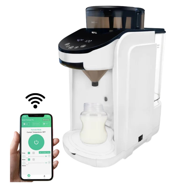 Мляко на прах Espressor за бебета и деца, Valpa Smart, мобилно приложение, wi-fi, персонализирана настройка на порциите, регулируема температура, топла вода, самопочистване, тиха работа, 1,8 л, бял