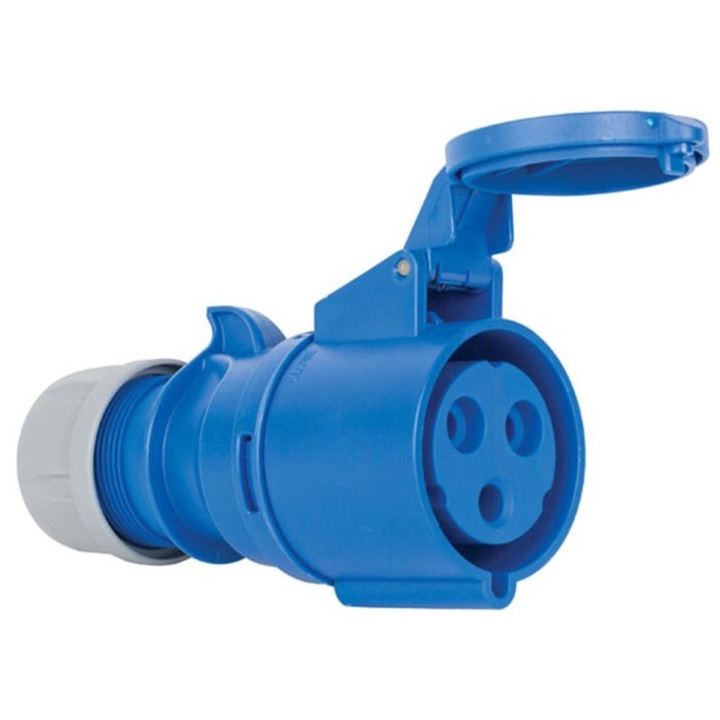 Priza industriala monofazica mobila pe cablu 3 poli 2P+E 32A 6h 230 V (50+60 Hz) albastra IP44
