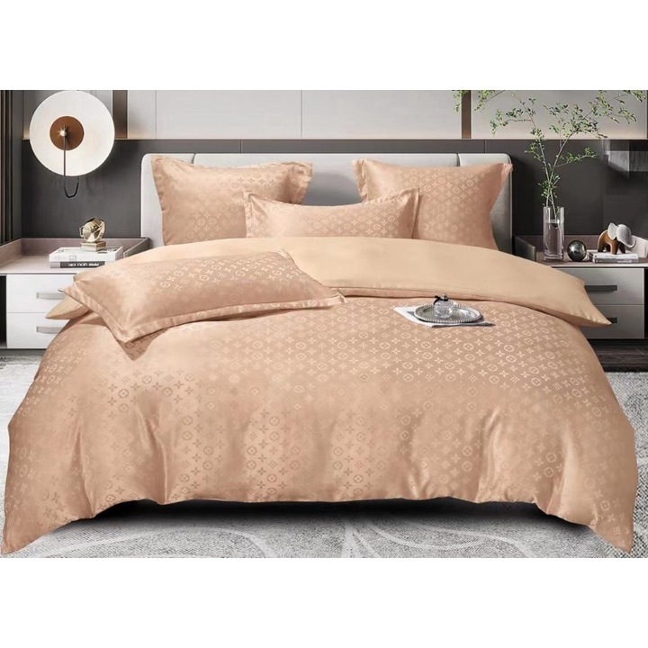 Lenjerie de pat dublu, Jacquard, 6 piese, cu elastic, 180x200 cm, cafea cu lapte