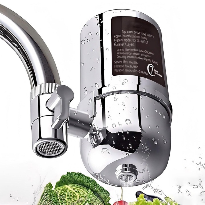 Filtru de apa potabila profesional, 7 straturi de filtrare, Filtru lavabil, Usor de instalat, Elimina Impuritatile, Clorul, Metalele Grele, Mirosurile, Sedimentele, Inox, Orber, Argintiu