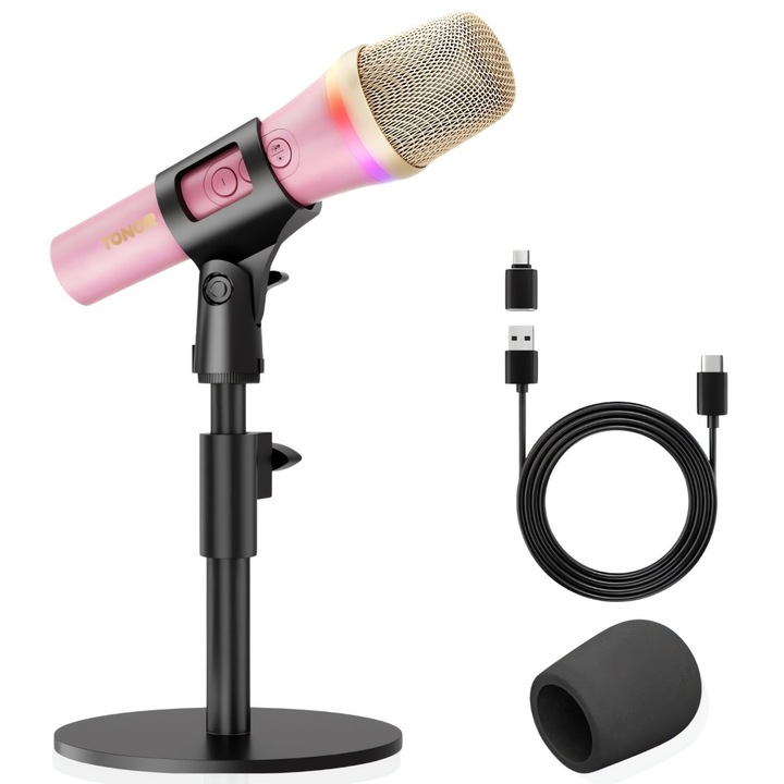 Професионален микрофон за компютър / мобилен телефон, динамичен, Tonor TD310 - RGB светлина, бързо заглушаване и стойка за подкаст игри с RGB, запис, поточно предаване на живо, USB Type C, USB A-UsbC адаптер, 3/8''-5/8'' монтаж, розов