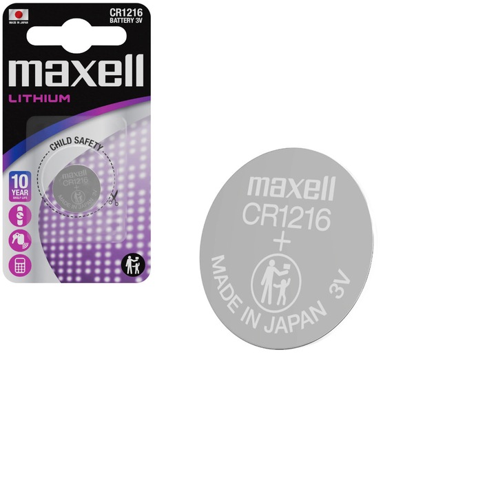 Baterie Lithium Maxell CR1216, 3V, tip moneda, 12.5mm diametru x 1.6mm inaltime, capacitate 25 mAh, in blister CR1216