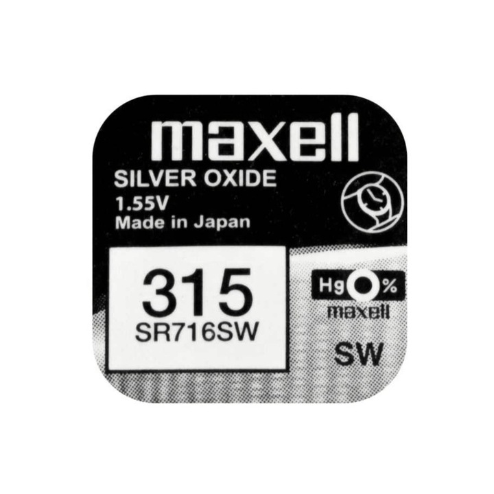 Baterie de ceas tip buton, Maxell SR716SW 315, 1.55V, 7.9mm diametru x 1.68mm inaltime, capacitate 22-23 mAh, oxid de argint, in blister o bucata SR716SW