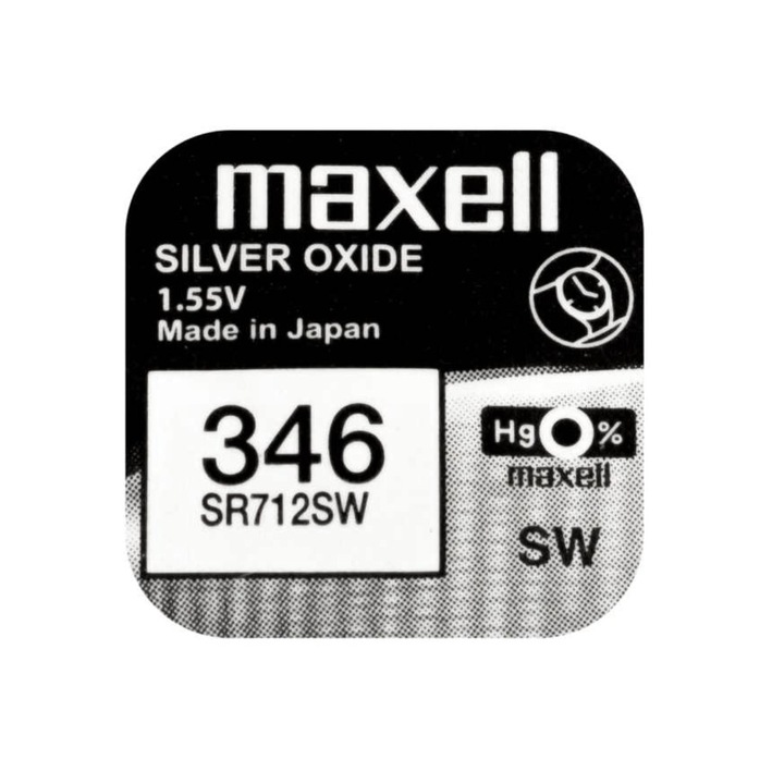 Baterie de ceas tip buton, Maxell SR712SW 346, 1.55V, 7.9mm diametru x 1.29mm inaltime, capacitate 10 mAh, oxid de argint, in blister o bucata SR712SW