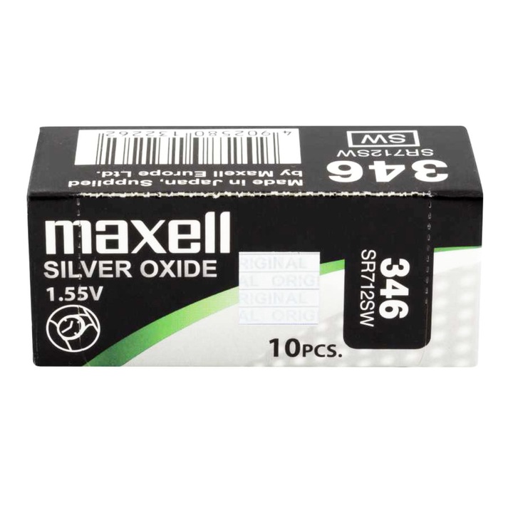 Set 10 baterii de ceas tip buton, Maxell SR712SW 346, 1.55V, 7.9mm diametru x 1.29mm inaltime, capacitate 10 mAh, oxid de argint, in blistere SR712SW