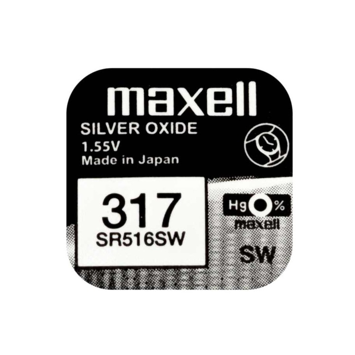 Baterie de ceas tip buton, Maxell SR516W 317, 1.55V, 5.8mm diametru x 1.65mm inaltime, capacitate nominala 11.8 mAh, oxid de argint, in blister o bucata SR516SW