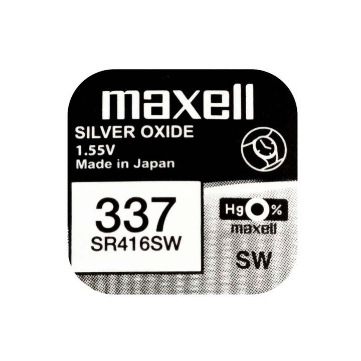 Baterie de ceas tip buton, Maxell SR416SW 337, 1.55V, 4.8mm diametru x 1.65mm inaltime, capacitate 8.3 mAh, oxid de argint, in blister o bucata SR416SW
