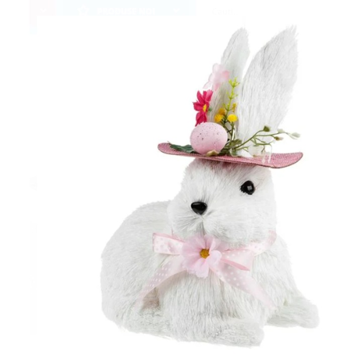 Великденска украса, изработена от трева, фигура на бяло зайче с розова шапка и цветя, 20x24x30см