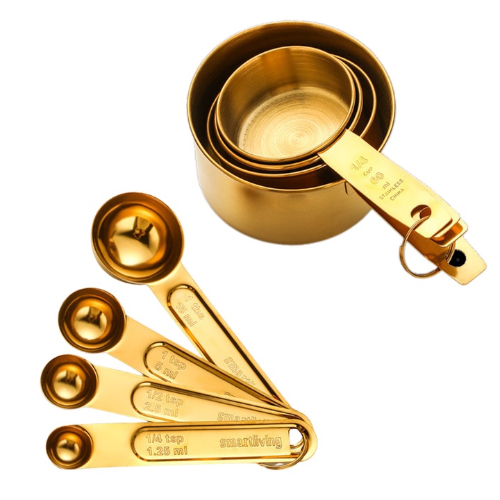 Комплект от 8 мерителни чаши от неръждаема стомана, WEEBOPE, различни вместимости, златни