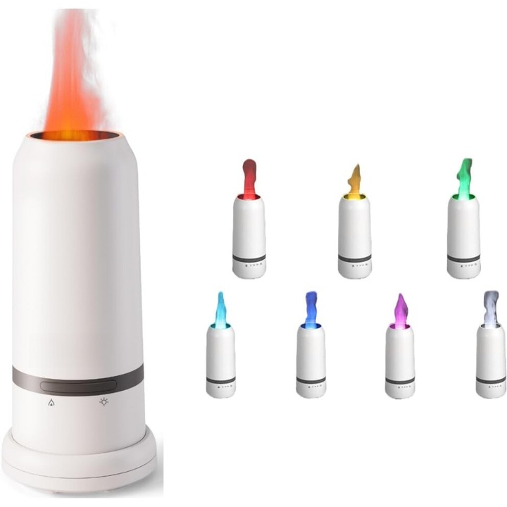 Aromaterápiás párásító, Generic, színes lánghatású, 75ml, fehér, 77x77x170mm