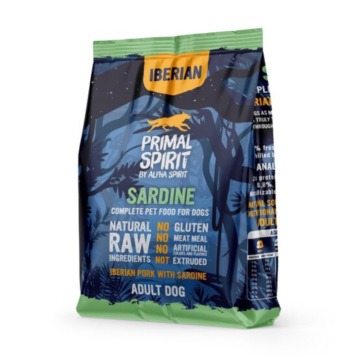 Hrana uscata Premium pentru caine Primal Spirit, cu sardine si porc Iberic, 12 kg