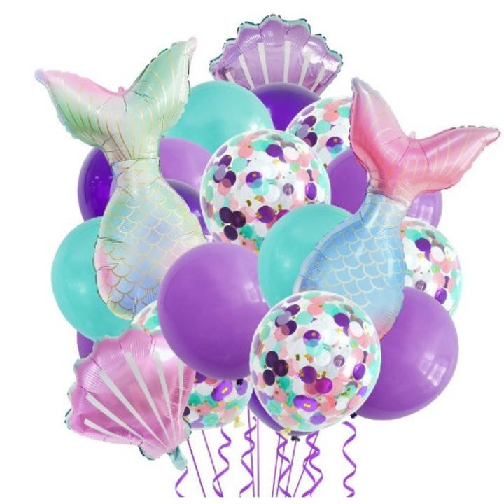 Декоративни балони Aqua Mermaids, Flippy, MIX Комплект 22 балона, алуминиево фолио, 2 русалки, 2 черупки, 18 латексови балона, 50 x 85 см, включени лепило и сламка, многоцветно лилаво