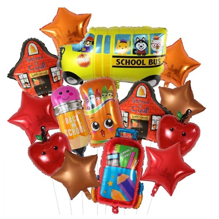 Back to School Декоративни балони, Flippy, комплект MIX 12 балона, консумативи за автобусни ябълки със звезди, алуминиево фолио, 40 x 80 cm, лепило и сламка включени, червени многоцветни