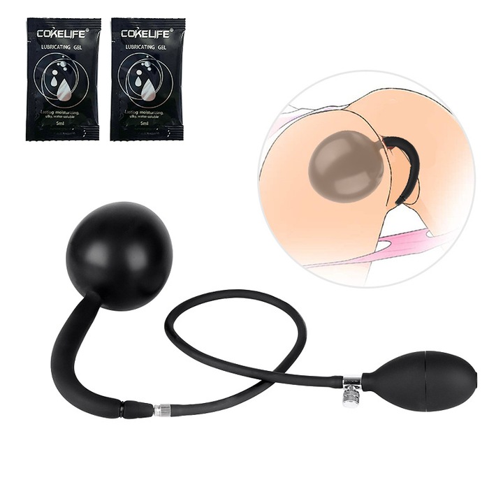 Надуваема анална играчка, Силикон, Черен, 4.5x3.2 см, С подвижна ръчна помпа, Комплект с лубрикант