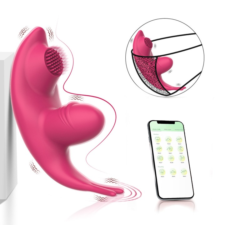 Hordozható vibrátor, kettős csikló- és hüvelyi stimulációhoz, piros, vízálló, alkalmazásvezérléssel, komplett szett