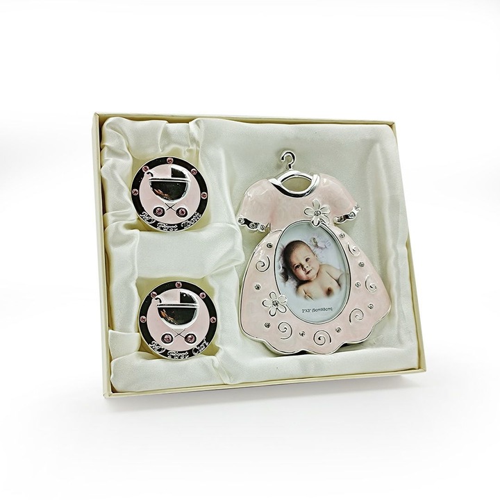 Set cadou bebe rama foto + cutie prima suvita de par, primul dinte, pentru botez, roz fetite, 23x15x3.5 cm