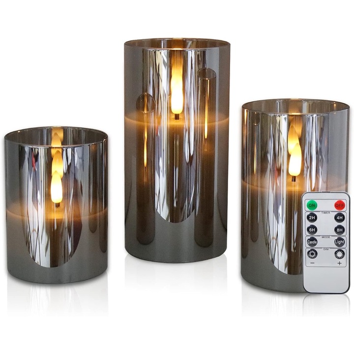 Декоративни опушени свещи със светодиоди и дистанционно, на батерии, комплект от 3 бр