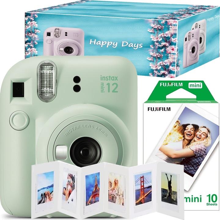 Комплект фотоапарат Fujifilm Instax mini 12, зелен, в кутия и с включена хартия 1x10