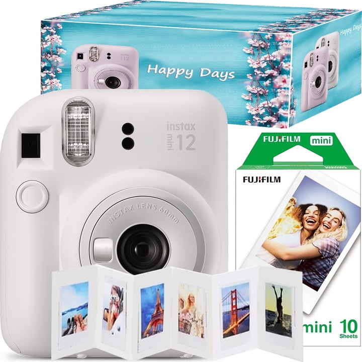 Set aparat foto Fujifilm Instax mini 12 alb in cutie si cu hartie 1x10 inclusa
