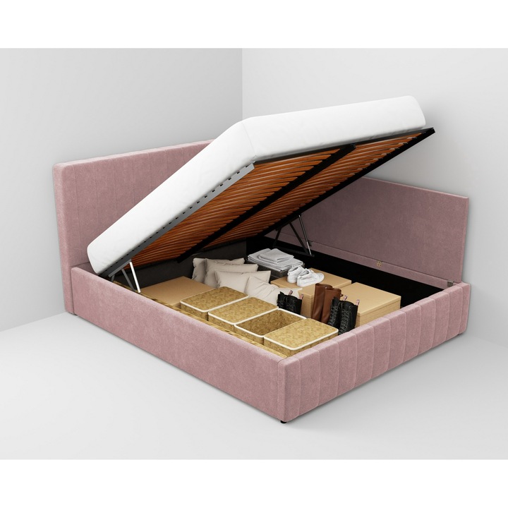 Pat tapitat de colt Maldive, cadru lemn si pal, 140x200 cm, roz, cu somiera rabatabila si lada depozitare