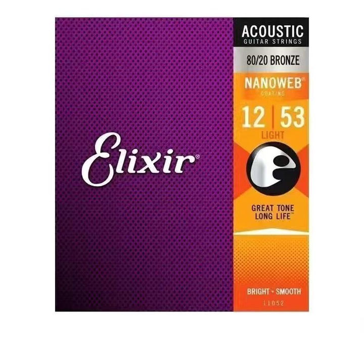 Set de 6 corzi pentru chitara acustica, Elixir, 12-53, auriu, rezistente la coroziune, cu acoperire NANOWEB