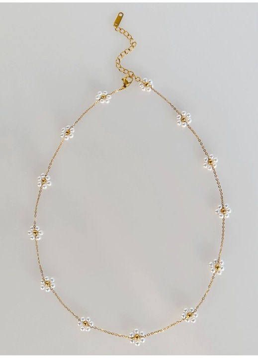 Colier cu flori de perle, otel inoxidabil aurit, lungime 41+5 cm, bijuterii dama, auriu
