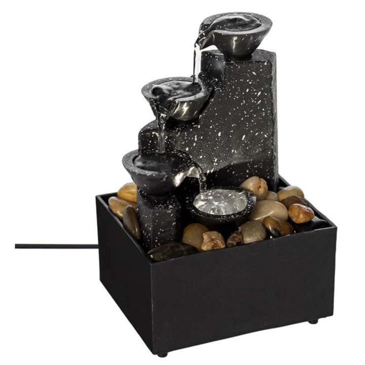 Декоративен вътрешен артезиански фонтан със светодиоди, който работи на батерия или USB кабел (включен), има бутон On/Off за включване на водата, която се стича по стъпалата и се рециклира, размери 11x9x17cm