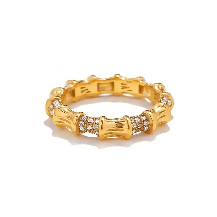 Дизайнерски пръстен във формата на бамбуков възел, декориран с цирконий, позлатена титаниева стомана, размер 6US, златист цвят