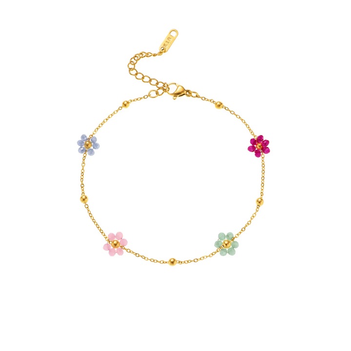 Дамска гривна с многоцветни цветя, позлатена титаниева стомана, дължина 21+4 см, златист цвят