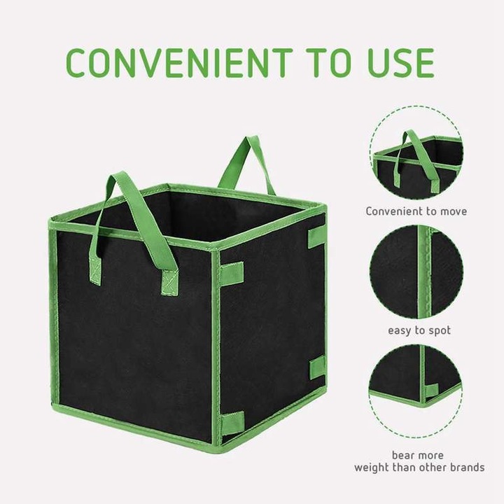 Sac de plantare patrat, un ghiveci cubic din material textil netesat gros, cu margini consolidate, gauri pentru tarusi si manere, potrivit atat pentru gradinaritul interior, cat si pentru cel exterior.3 galoane