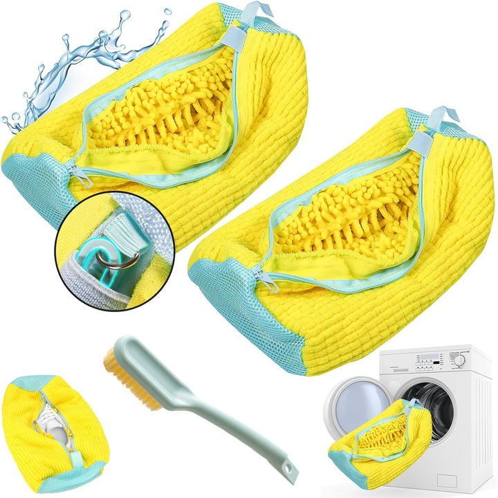 Комплект от 2 торбички за пране на обувки, издръжлив дизайн с цип, 39x19 см, многоцветни, включва четка за обувки