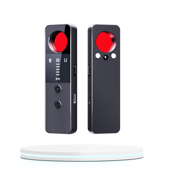 Детектор на шпионски устройства, открива шпионски камери и скрити микрофони, GPS локатори, 6 режима на сканиране със сирена и LED, 5 нива на чувствителност, преносим, идеален за пътуване, черен