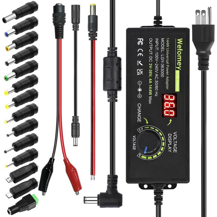 Univerzális állítható tápegység 3-36V, 4A, 144W, EXCITAT®, digitális feszültségkijelzővel és 14 csatlakozóval, AC DC, 100V-240V AC-DC átalakító, polaritásváltóval és mérőzsinórokkal, fekete