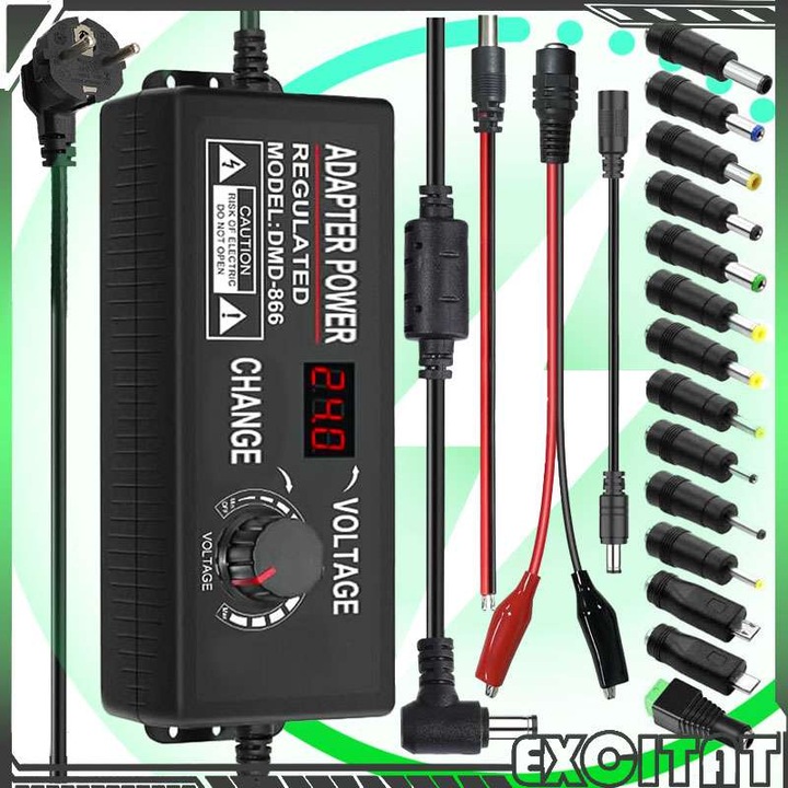 Alimentator Reglabil Universal 3-36V, 4A, 144W, EXCITAT®, Afisaj Digital de Voltaj si 14 Conectori, AC DC, Convertor 100V-240V AC la DC, Cu convertor de polaritate si cabluri de testare, Negru