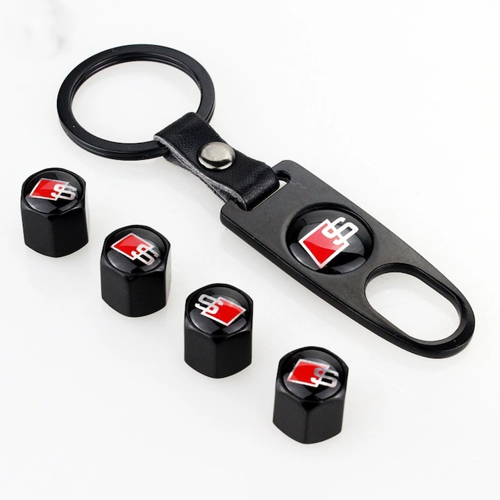 Autós kulcstartó 4 db gumiszelep kupakkal, S3 S4 S5 RS3 RS4 RS5-hez, Audi, Rozsdamentes acél, Vanaxalife, Fekete/piros
