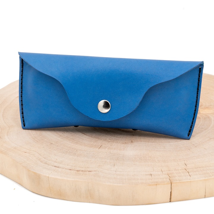 Toc Etui universal pentru ochelari de soare sau vedere din piele naturala, Albastru