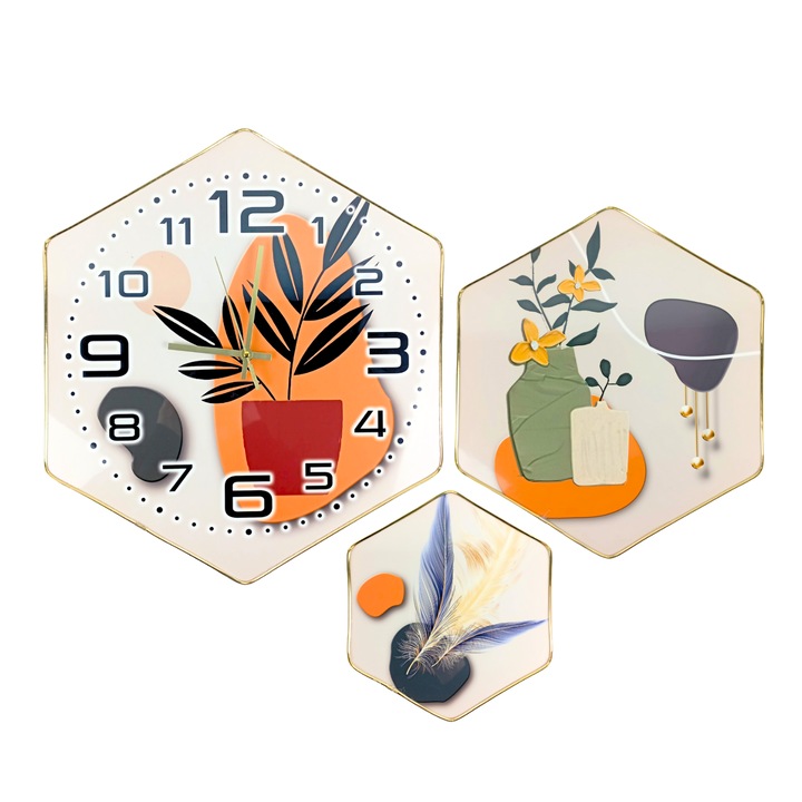 Ceas Romb de Perete Clasic Analog cu 3 Elemente, Mecanism Silentios si Design Modern, Functioneaza pe baterii AA