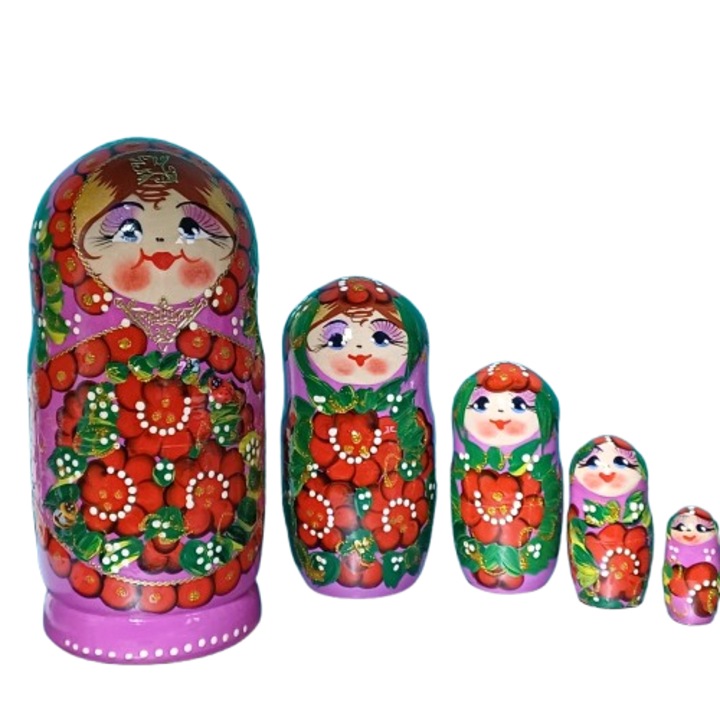 Set 5 papusi Matrioska, mov-rosu-auriu, 18 cm