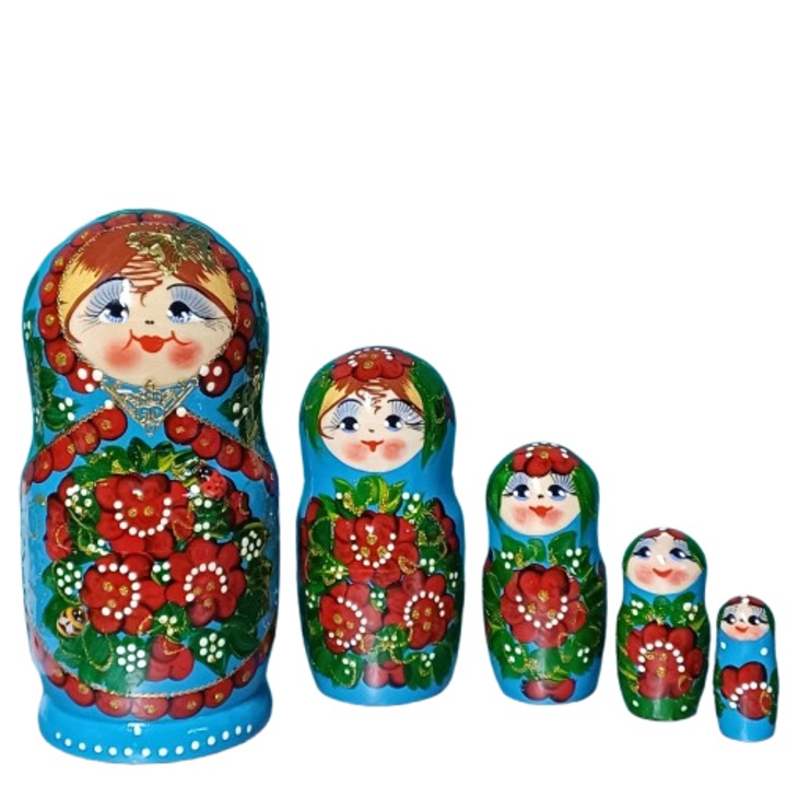 Set 5 papusi Matrioska, albastru-rosu-auriu, 18 cm