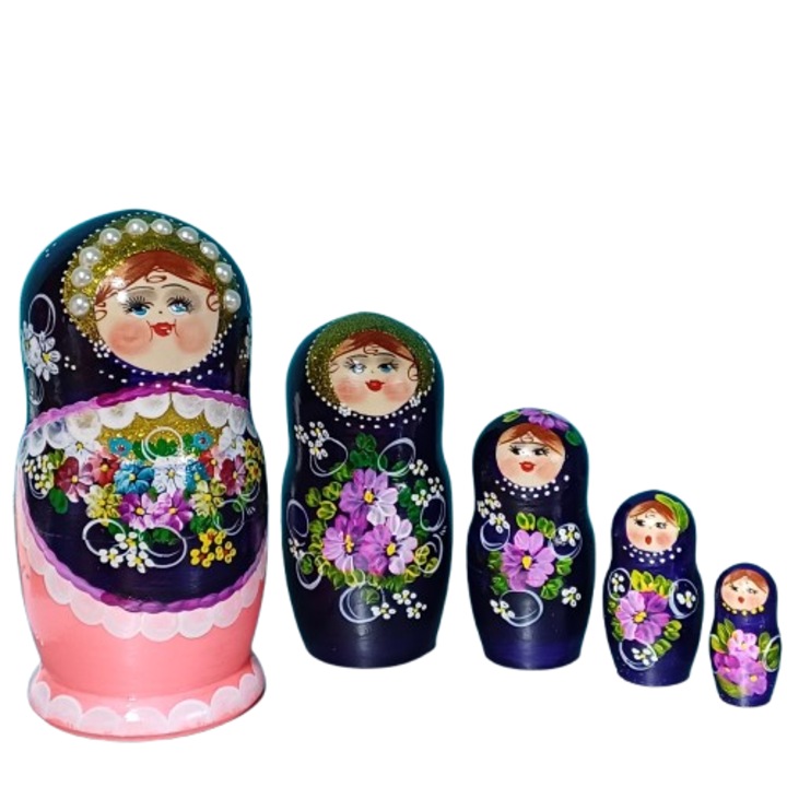 Set 5 papusi Matrioska, albastru/roz, 18 cm