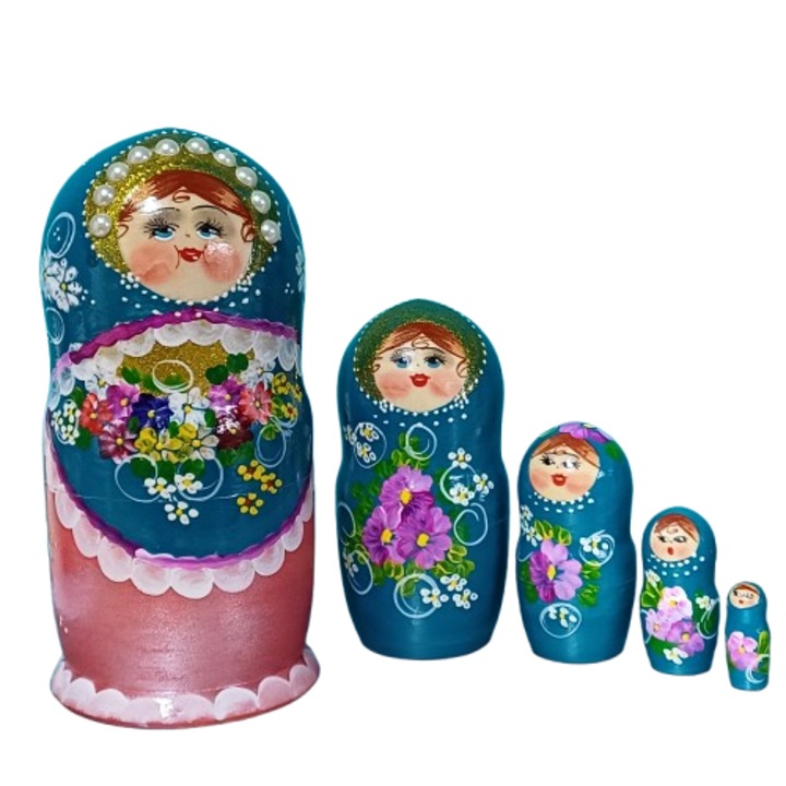 Set 5 papusi Matrioska, turcoaz/roz, 18 cm