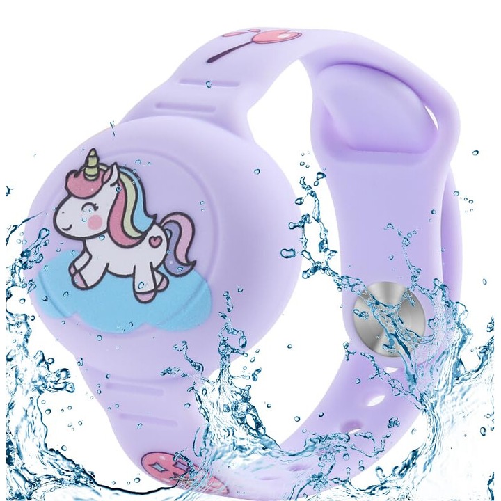 Védő karkötő Airtag-hez, rajzfilmfigurás dizájn, szilikon anyagú, vízálló, lila, gyerek készlet