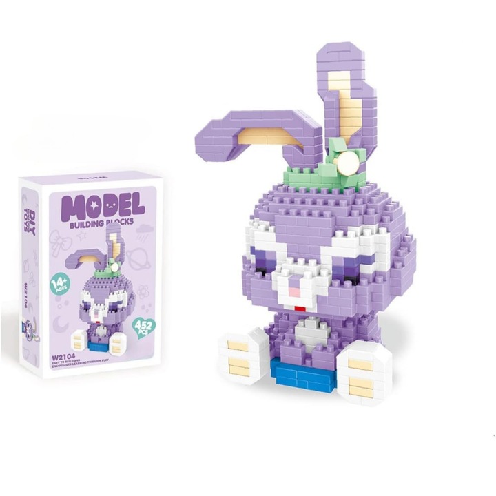Little Purple Rabbit Innovium™ építőkészlet, prémium készlet 452 darabbal, valósághű nyuszi modell, kiváló minőségű ABS anyag, 16,5 × 4,5 × 11,5 CM, 100 grammos oktatójáték gyerekeknek és felnőtteknek