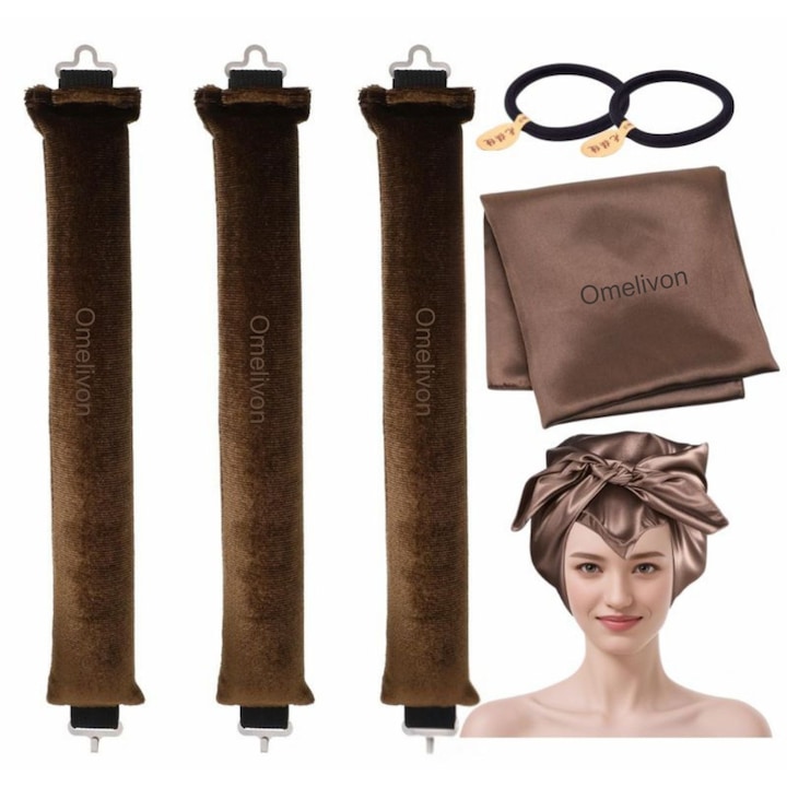 Set bigudiuri fara caldura, Omelivon®,3 bucati, 1 esarfa satinata, 2 benzi de par, culoare cafea