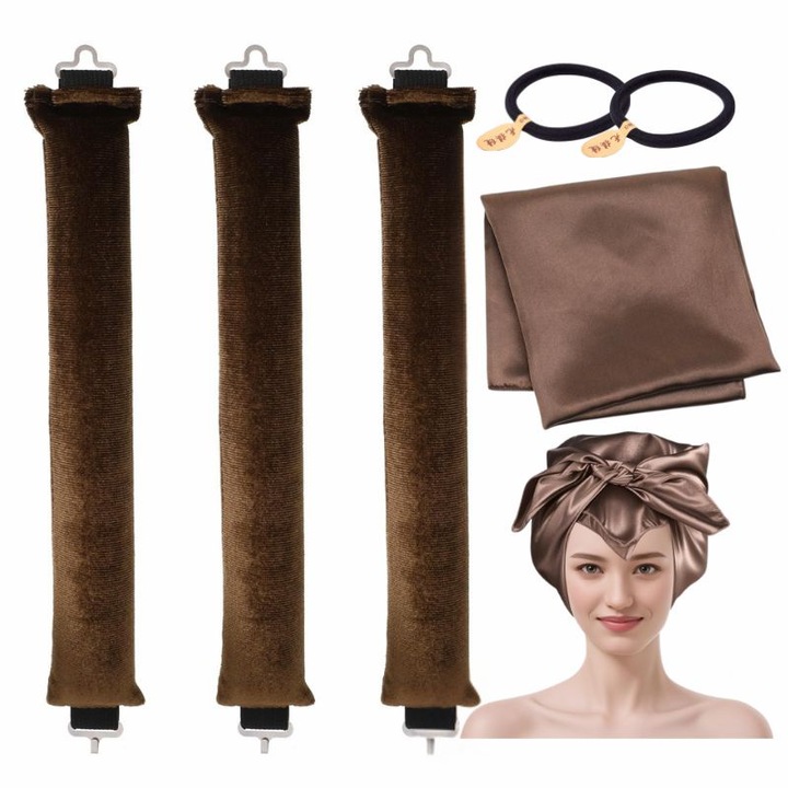 Комплект ролки, Безнагревателни, 3 части, 1 сатенен шал, 2 ленти за коса, Цвят кафе