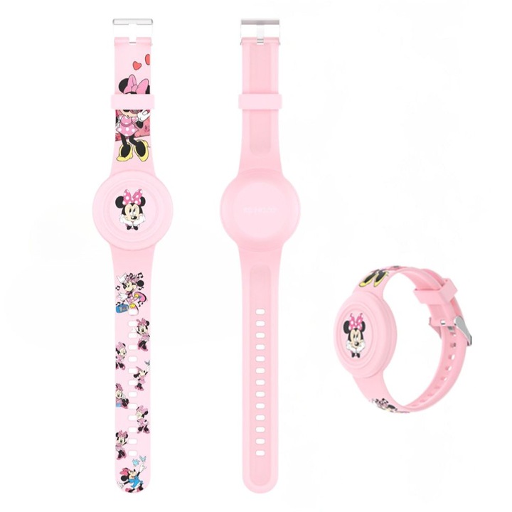 Védő karkötő Airtag-hez, rajzfilmfigurás dizájn, szilikon, rózsaszín, készlet gyerekeknek